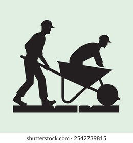 Worker Pushing Wheelbarrow silhouette vector icon black and white