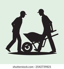 Worker Pushing Wheelbarrow silhouette vector icon black and white