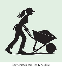 Worker Pushing Wheelbarrow silhouette vector icon black and white