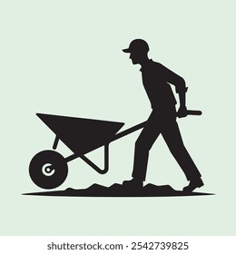 Worker Pushing Wheelbarrow silhouette vector icon black and white