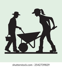 Worker Pushing Wheelbarrow silhouette vector icon black and white