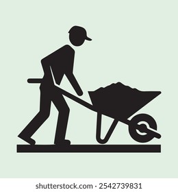 Worker Pushing Wheelbarrow silhouette vector icon black and white
