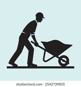 Worker Pushing Wheelbarrow silhouette vector icon black and white