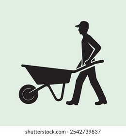 Worker Pushing Wheelbarrow silhouette vector icon black and white