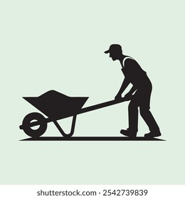 Worker Pushing Wheelbarrow silhouette vector icon black and white
