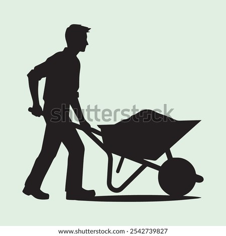 Worker Pushing Wheelbarrow silhouette vector icon black and white
