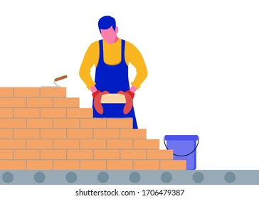 A worker puts a brick wall. Concept flat man bricks stacker with equipment makes wall. Isolated professional employee building modern house, hands work. EPS 10.