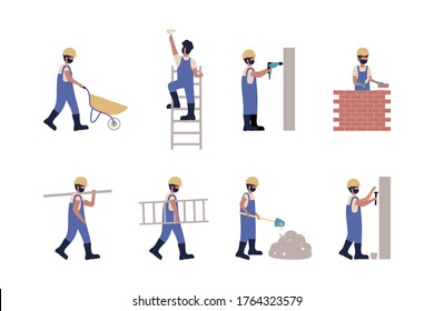Worker puts bricks, stands on the stairs and paints, hammering nails, digging with a shovel, carries a ladder, drills a wall and other. Flat style set