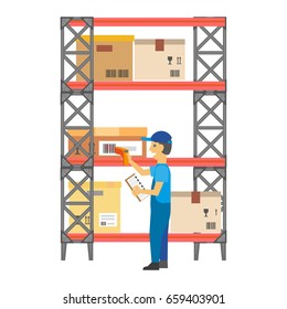 Worker putting bar codes on carton boxes on rack