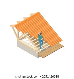 Worker putting tiles on house roof isometric vector illustration