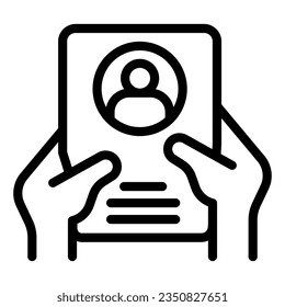 Worker questionnaire in hands line icon, labour day concept, worksheet with photo sign on white background, Hand holding clipboard icon in style for and web. Vector graphics.