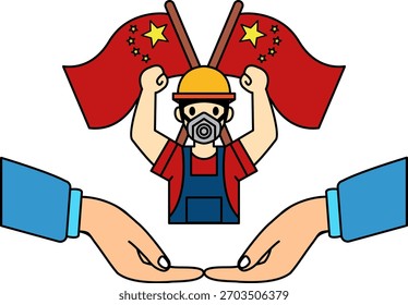 Trabajadores levantan sus manos frente a la bandera china 