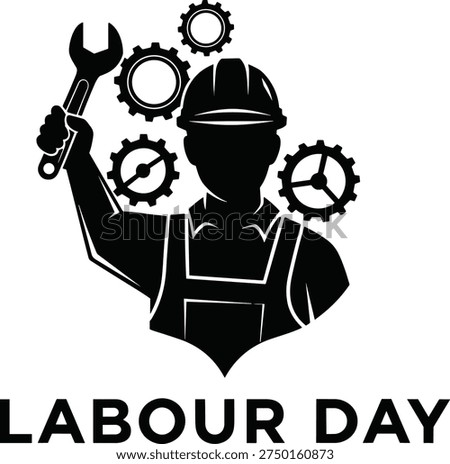A worker raises a wrench with gears in the background to symbolize dedication and effort during a holiday celebrating labor