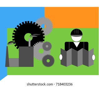 Worker reading the plan with Gear and Industrial Factory Background