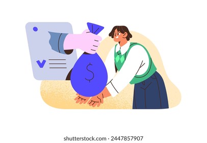 Worker receives online payment for work. Man gets earnings, salary by money transfer. Remittance, Financial transaction, receipt of funds in banking app. Flat isolated vector illustration on white