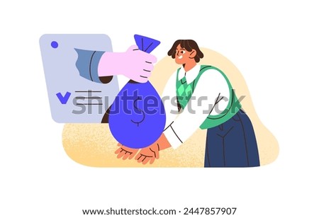 Worker receives online payment for work. Man gets earnings, salary by money transfer. Remittance, Financial transaction, receipt of funds in banking app. Flat isolated vector illustration on white