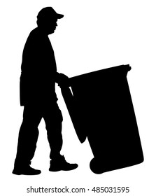 Worker with recycle bin collects leaves vector silhouette isolated on white background. Cleaning street cleaner man. Communal Garbage collector. Landscaper outdoor activity. City sanitation.