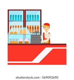 Worker In Red Uniform With Fridge With Drinks Assortment, Smiling Person Having A Dessert In Sweet Pastry Cafe Vector Illustration