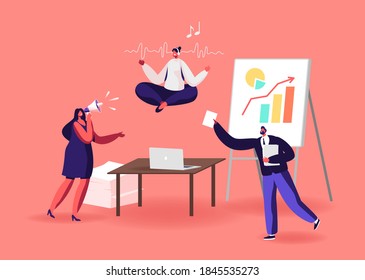 Worker Relaxation, Businesswoman Character Doing Yoga Meditation in Lotus Posture in Messy Office Workplace Soaring over Desk during Deadline Chaos, Calm Emotion. Cartoon People Vector Illustration