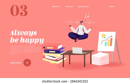 Worker Relaxation Landing Page Template. Relaxed Businesswoman Character Doing Yoga Meditation in Lotus Posture in Office Workplace Soar over Desk Calm Stressful Emotion. Cartoon Vector Illustration