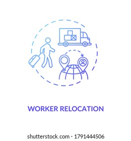 Worker relocation blue gradient concept icon. Travel worldwide to find work. Global employee exchange. Moving country for job idea thin line illustration. Vector isolated outline RGB color drawing