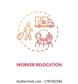 Worker relocation red gradient concept icon. Travel worldwide to find work. Global employee exchange. Moving country for job idea thin line illustration. Vector isolated outline RGB color drawing