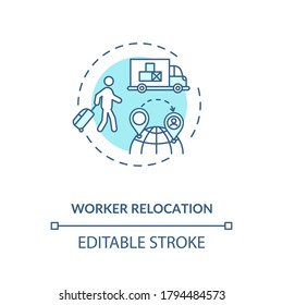 Worker Relocation Turquoise Concept Icon. Travel Worldwide To Find Work. Moving Country For Job Idea Thin Line Illustration. Vector Isolated Outline RGB Color Drawing. Editable Stroke