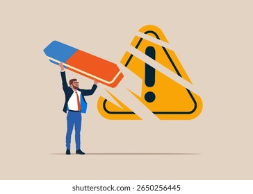 Worker removed exclamation attention sign with eraser. Modern vector illustration in flat style 