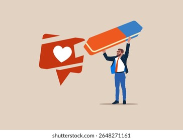Worker removed heart icon social media with eraser. Social media positive and negative feedback. Flat vector illustration