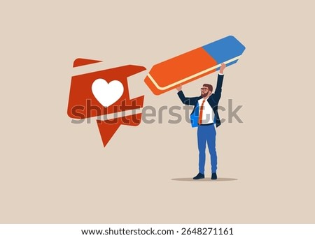 Worker removed heart icon social media with eraser. Social media positive and negative feedback. Flat vector illustration