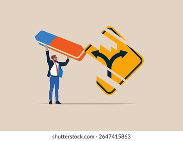 Worker removed his way with eraser. Fear of change. Uncertainty. Searching a path. Modern vector illustration in flat style 