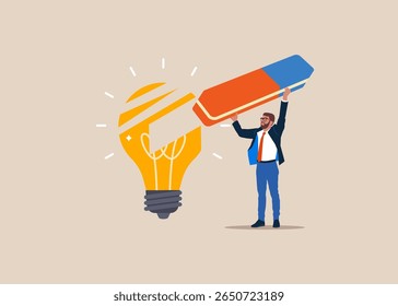 Worker removed lightbulb idea with eraser. Modern vector illustration in flat style 