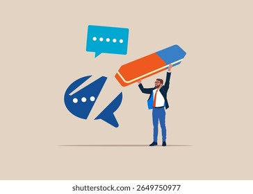 Worker removed speech bubble with eraser. Block unwanted messages, filter messages from unknown senders. Flat vector illustration