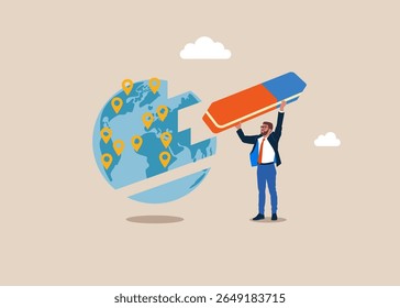 Trabalhador removeu mapa do mundo com borracha. Falha nos negócios. Expansão de negócios globais, filiais de empresas abertas, franquia em novo local para cobrir todo o continente. Ilustração de vetor plano
