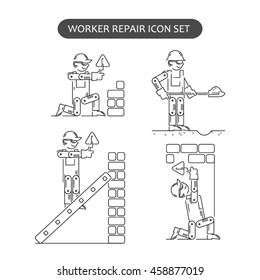 Worker Repair Icons set. Building and construction logo collection. Isolated black sign white background. Vector illustration. Usable for web, infographic and print.