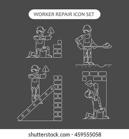 Worker Repair Icons set. Building and construction logo collection. Isolated white sign black background. Vector illustration. Usable for web, infographic and print