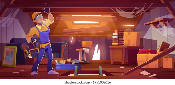Worker repair old attic in house. Handyman with instruments fixing garret room with broken roof, walls and beams, construction works on messy mansard with hatch and window, cartoon vector illustration