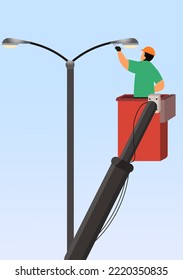 worker repair a street lamp with height lift machine, worker in lift machine replacing a lamp, street light repair work vector illustration, street lamp installer