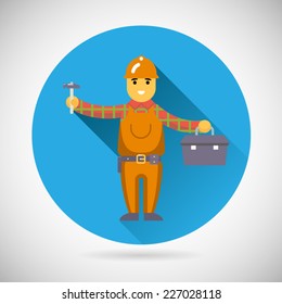 Worker repairer character with hammer toolbox icon construction repair symbol on Stylish Background Modern Flat Design Vector Illustration