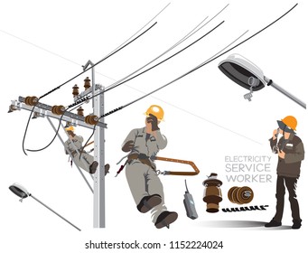 Worker Repairing On Electricity Pole Cartoon Acting Infographic, Isolate On White Background.