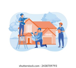Worker repairing the roof. Group of constructors, roofers, foremen, house. Renovation, housekeeping, repair concept. flat vector modern illustration 