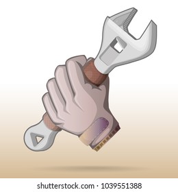 Worker, repairman hold adjustable wrench. Technical support.