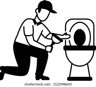 Trabajador repara tanque de inodoro o diseño de icono del vector Commode, símbolo del equipo de fontanero, signo de obras de Handyman Service, ilustración del material sanitario, concepto de plomo