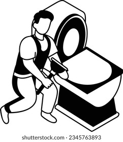 Worker repairs toilet tank or Commode Vector isometric Design, Plumber equipment Symbol, Handyman Service Works Sign, Sanitary technician Stock illustration, Plumber Holding a Plunger Concept