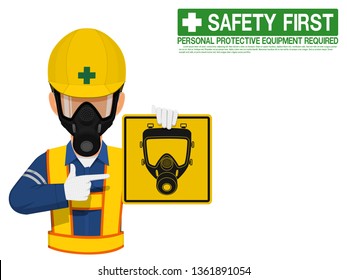 A worker with respiratory mask is presenting respiratory mask sign