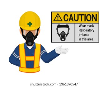 A worker with respiratory mask is presenting respiratory mask warning sign