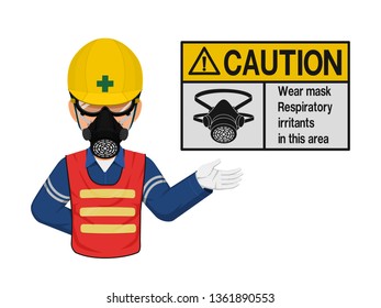 A worker with respiratory mask is presenting respiratory mask warning sign