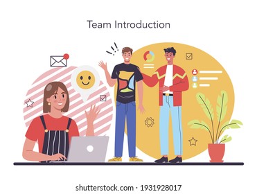 Concepto de responsabilidades de los trabajadores. Gestión del personal y adaptación al empleo. Gestor de recursos humanos que proporciona a los nuevos empleados instrucciones de trabajo e información de la empresa. Ilustración vectorial plana aislada
