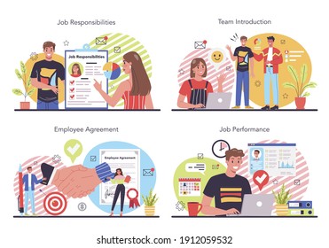 Worker responsibilities concept set. Personnel management and empolyee adaptation. HR manager providing new empolyee with job instructions and company information. Isolated flat vector illustration