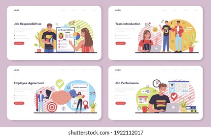 Banner web de responsabilidades del trabajador o conjunto de páginas de inicio. Gestión del personal y adaptación al empleo. Gestor de recursos humanos que proporciona a un nuevo empleado instrucciones de trabajo. Ilustración vectorial plana aislada